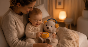 Mutter und Baby mit Lenabie Aaron dem Bären und Lenabo Smart Speaker beim gemütlichen Abendritual mit Einschlafgeschichten und sanfter Musik.