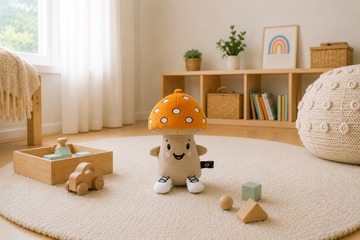 Lenabie Felix der Pilz sitzt in einem gemütlichen Kinderzimmer auf einem weichen Teppich. Das smarte Kuscheltier von Lenabo begleitet Kinder mit Geschichten, Hörspielen und beruhigenden Klängen, ganz ohne Bildschirm.