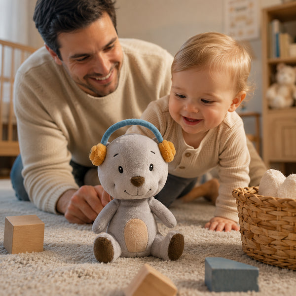 Lenabo Kuscheltier Lenabie Aaron (Bär) begleitet ein Baby als sanfte Einschlafhilfe, nutzbar mit Weißem Rauschen oder Einschlafmelodien, beruhigende Audios für Neugeborene und Babys ab Geburt über das Lenabo smarte Spielsystem.