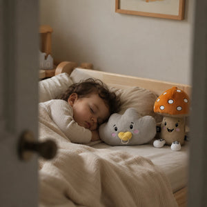 Schlafendes Kleinkind in einem gemütlichen Kinderbett mit den Lenabies Lina die Wolke und Felix der Pilz. Die beiden Kuschelcharaktere liegen neben dem Kind und begleiten es durch die Schlafenszeit. Das warme, natürliche Kinderzimmer vermittelt Geborgenheit, Ruhe und ein sicheres Einschlafritual.