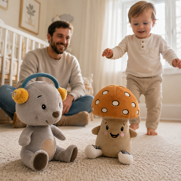Kleinkind spielt im hellen Kinderzimmer mit den Lenabies Aaron dem Bären und Felix dem Pilz. Vater begleitet das Spiel liebevoll im Hintergrund. Kuschelige Atmosphäre, fördert Fantasie, Spielen und gemeinsame Familienmomente.