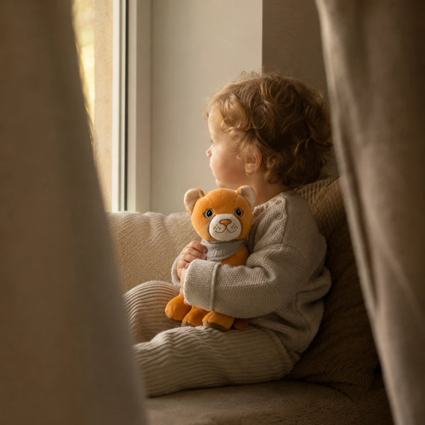 Kind sitzt auf einem Sofa am Fenster und hält das Lenabie Tali die Puma-Dame im Arm. Das interaktive Audio-Kuscheltier für Kinder begleitet mit Hörspielen, Musik und Kindergeschichten und schafft eine ruhige, geborgene Atmosphäre.