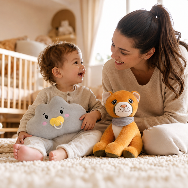 Mutter und Kleinkind sitzen gemeinsam im Kinderzimmer mit Lina Wolke und Tali Puma. Die interaktiven Kuscheltiere begleiten liebevolle Familienmomente, fördern Fantasie und schaffen Geborgenheit im Alltag.