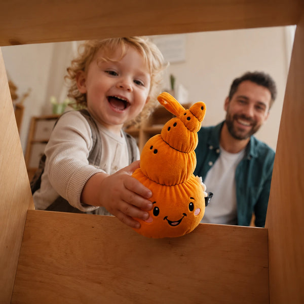 Kind spielt im Kinderzimmer mit Lenabie Mia die Muschel und verstaut das Lenabie in einer Schublade. Das interaktive Audio-Kuscheltier wird in das fantasievolle Spiel integriert. Mia die Muschel begleitet Kinder mit Hörspielen, Musik und Kindergeschichten und fördert kreatives Entdecken und selbstständiges Spielen.