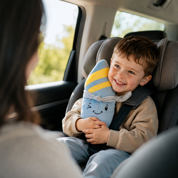 Schulkind sitzt gespannt mit flauschigem Audio-Kuscheltier Nalu auf der Rückbank im Auto  und lauscht Lernabenteuern rund um die natürliche Umgebung eines Surfboards - auf dem Meer; Lenabie Kuscheltier mit herausnehmbarem, mobilem Smart Speaker für über 60 Minuten Spielzeit, Geschichten, Hörspiele und Lerninhalte für Kinder von 0–7 Jahren.