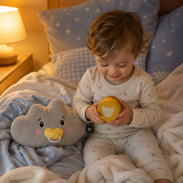 Kleinkind sitzt im Bett zwischen weichen Decken und hält den Lenabo Smart Speaker in den Händen. Neben ihm liegt Lenabie Lina die Wolke, ein interaktives Audio-Kuscheltier für Kinder, das Hörspiele, Musik und Einschlafgeschichten für ein entspanntes Abendritual begleitet.