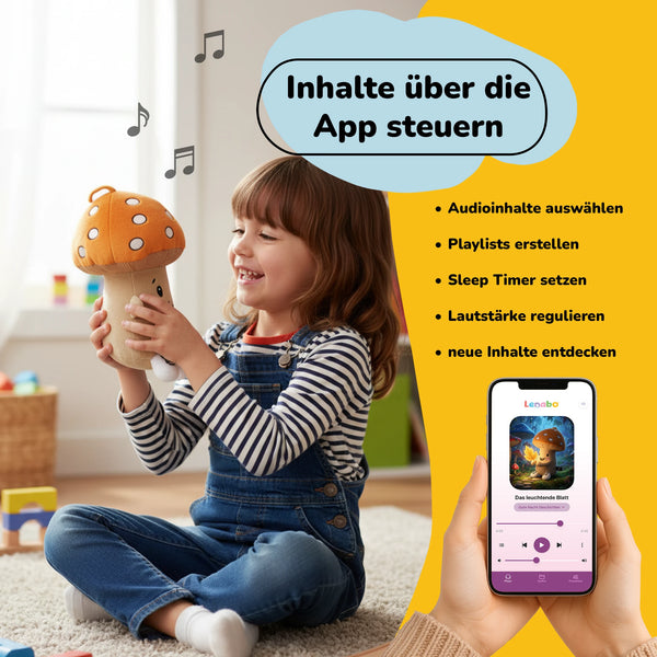 Kind spielt mit Lenabie Felix (Pilz) – interaktives Audio-Kuscheltier für Kinder, Inhalte bequem über die Lenabo App steuerbar, kompatibel mit dem Lenabo Smart Speaker für Hörspiele, Musik und Lerninhalte