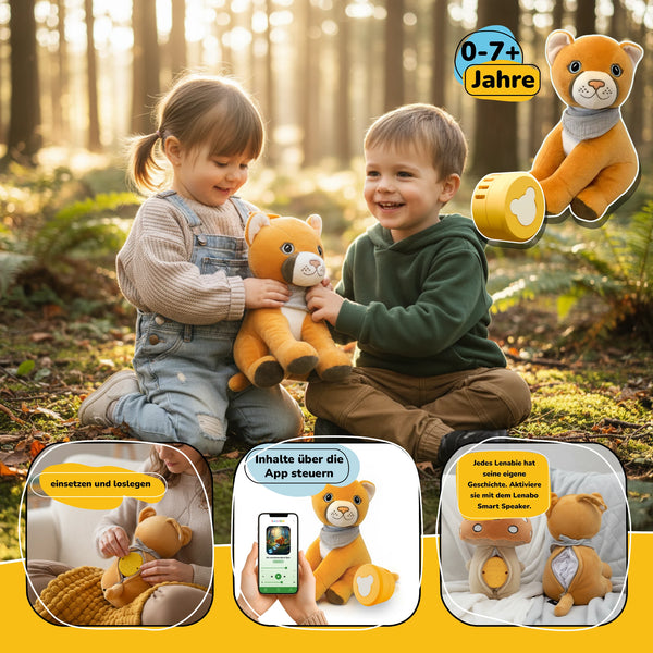 Lenabo Starter Kit unter anderem mit Lenabie Tali (Puma) und Lenabo Smart Speaker – Kinder spielen im Wald mit dem Audio-Kuscheltier; herausnehmbarer, mobiler Smart Speaker, Inhalte per App steuerbar, über 60 Minuten Spielzeit je Lenabie mit Hörspielen, Gute-Nacht-Geschichten und weißem Rauschen für Kinder von 0–7 Jahren.
