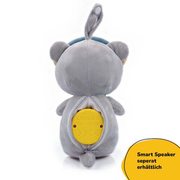 Lenabie Aaron (Bär) Rückansicht mit geöffnetem Reißverschluss und entnehmbarem Smart Speaker Modul – Audio-Kuscheltier für Kinder ab 0 Jahren, waschbar durch herausnehmbares Audiomodul, Smart Speaker separat erhältlich, Baby und Kleinkind Hörspiel Begleiter, grauer Bär mit flauschigen Ohrenschonern im Kopfhörer-Design